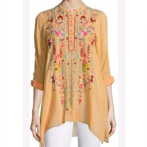 Johnny Was Melon Orange Chic Edgy Feminine Embroidered Tunic Top Size Small